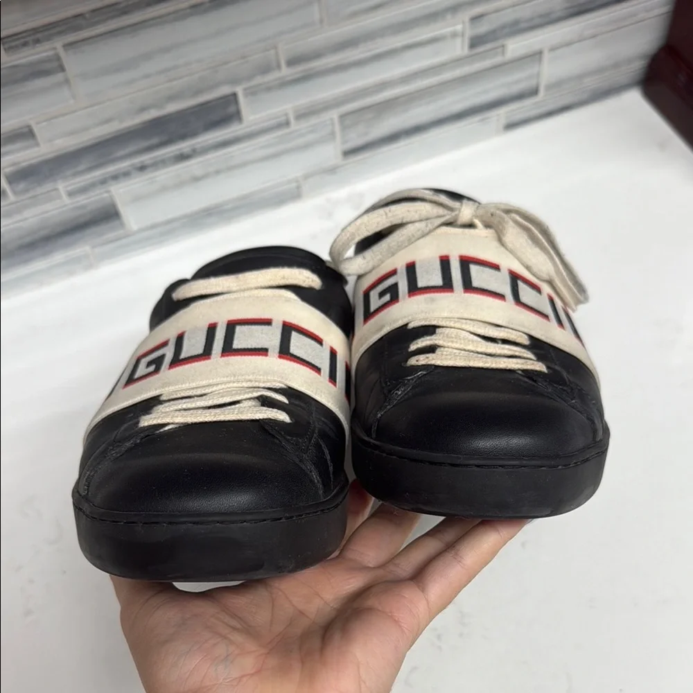 GUCCI 523469 ACE MEN'S SHOES BLACK CALF-SKIN LEATHER CASUAL SNEAKERS